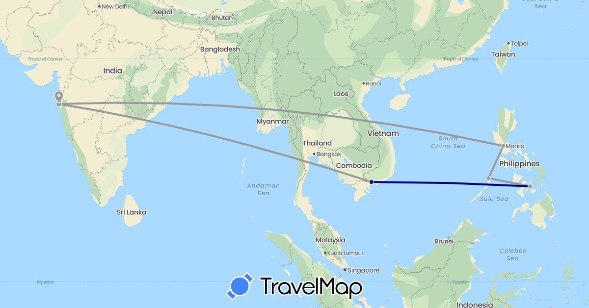 TravelMap itinerary: driving, plane in India, Philippines, Vietnam (Asia)